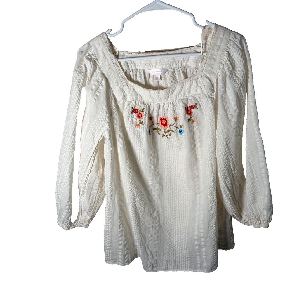 LC Lauren Conrad Blouse Women's Large Square Neck Embroidered Floral Top